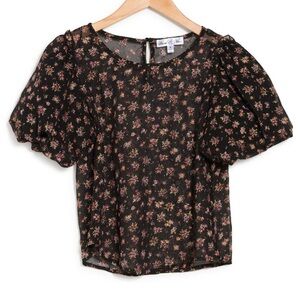 Stem & Vine puffed sleeve floral keyhole black floral top, Size M